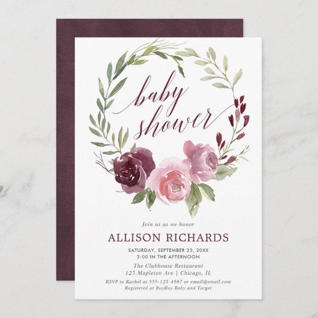 Burgunder-Dusche mit Blütenschatten Einladung (Vorne/Hinten)