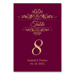 Burgunder eleganter Goldrahmen Hochzeitstisch Tischnummer