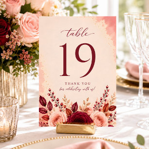 Burgunder Eleganz Rosafarben Florale Hochzeit Tischnummer