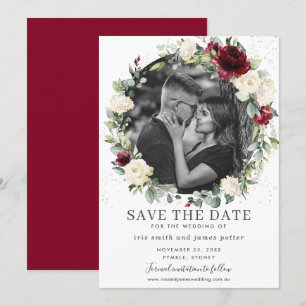 Burgunder Elfenbein Blumen Foto Save-the-Date-Kart Einladung