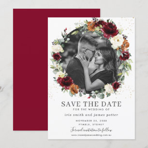 Burgunder Elfenbein Blumen Foto Save-the-Date-Kart Einladung