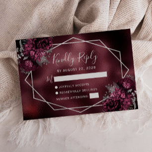 Burgunder-Faux-Folie-Silber-Blumenrahmen RSVP Karte