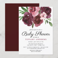 Burgunder Floral Aquarell-Baby-Shower-Einladung