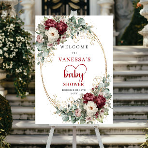 Burgunder Floral Boho Babyparty Willkommensposter Poster