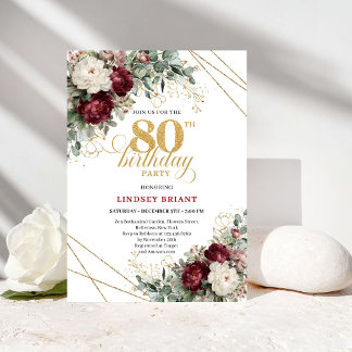 Burgunder Floral Boho Grün 80. Geburtstag Einladung
