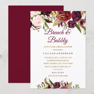 Burgunder Floral Brunch und Bubbly Brautparty Einladung