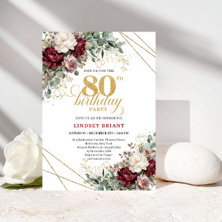 Burgunder Floral Eukalyptus Boho 80. Geburtstag Einladung