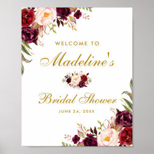 Burgunder Floral Gold Hochzeitsdusche Willkommen Poster