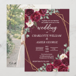 Burgunder Floral Gold Rahmen Foto Hochzeitseinladu Einladung