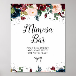 Burgunder Floral Hochzeitsdusche Mimosa-Bar-Schild Poster