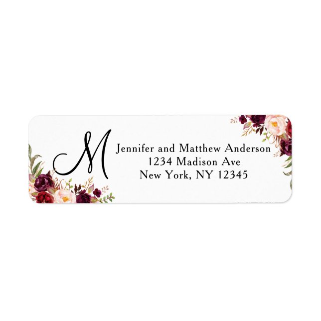 Burgunder Floral Wasserfarbe Skript Monogrammadres (Vorne)