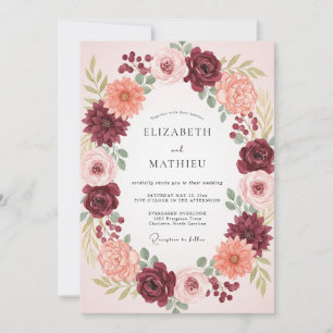 Burgunder Florale Botanischer Hochzeitskranz Einladung