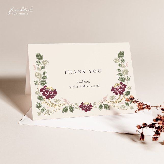 Burgunder Florale Dankeskarten Dankeskarte (Burgundy Floral Art Nouveau Wedding Thank You Notecard)