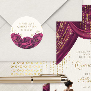 Burgunder Florale Elegante Quinceanera Runder Aufkleber