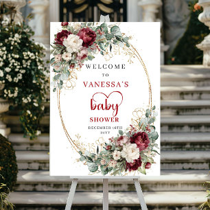 Burgunder Florale Grünpflanzen Baby Shower Willkom Poster