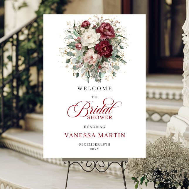 Burgunder Florale Grünpflanzen Brautparty Willkomm Poster (Burgundy Floral Greenery Bridal Shower Welcome)