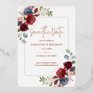 Burgunder Florale Grünzeug Save-the-Date Rose Gold Folieneinladung