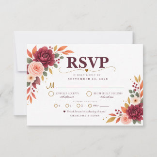 Burgunder Florale Herbst Hochzeit RSVP Karte