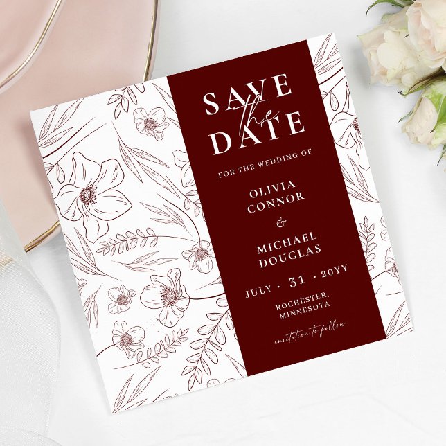 Burgunder Florale Hochzeits-QR-Code Save The Date (Von Creator hochgeladen)