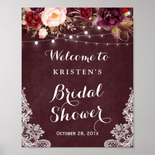 Burgunder Florale Leuchten Spitze Brautparty-Schil Poster