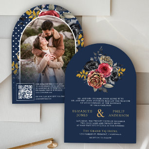 Burgunder Florale Rosen QR Code Foto Navy Hochzeit Einladung