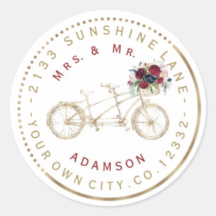 Burgunder Florales Gold Fahrrad Zirkuläres Adresse Runder Aufkleber