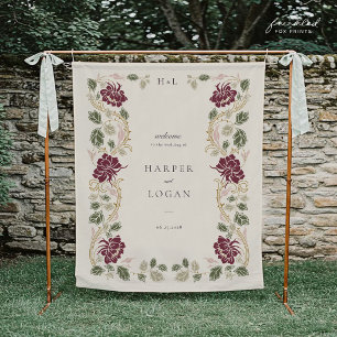 Burgunder Florales Hochzeits-Willkommensbanner Wandteppich