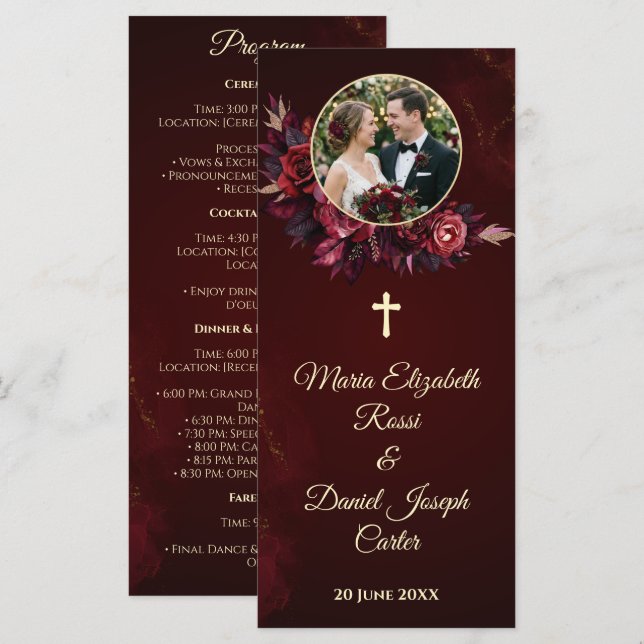 Burgunder Florales Katholisches Hochzeitsprogramm  Programm (Vorne/Hinten)