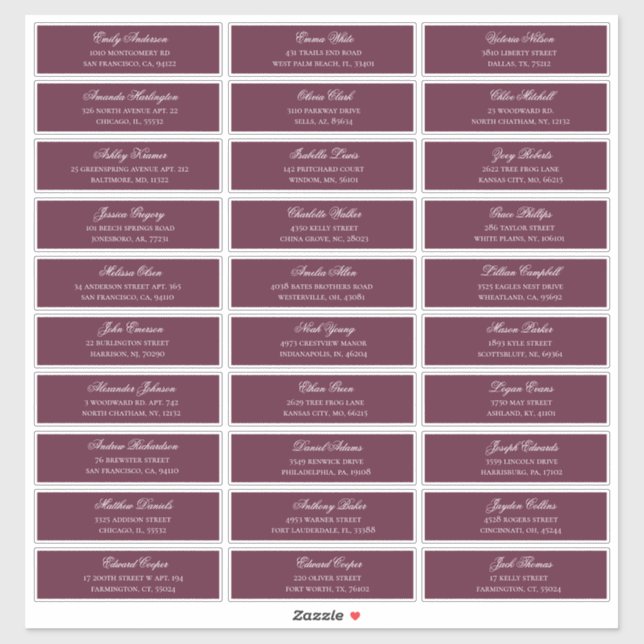 Burgunder Gäste Namen und Adresse. Versand-Aufkleb Aufkleber (Blatt)