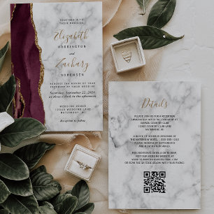 Burgunder-Gold-Achat-Marmor-QR-Code-Hochzeit Einladung