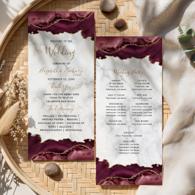 Burgunder-Gold-Achat-Schrift-Marmor-Hochzeit Programm (Von Creator hochgeladen)