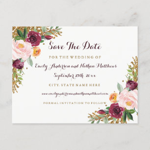 Burgunder Gold Blumen Glitter Hochzeit Termin vorm Save The Date