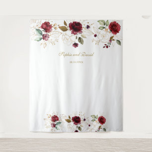 Burgunder-Gold-Blumen-Hochzeits-Fotobooth-Hintergr Wandteppich
