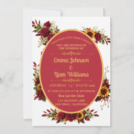 Burgunder-Gold-Blumen-Hochzeitseinladung Einladung