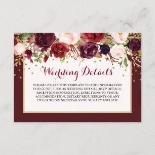 Burgunder-Gold-Blumen-Hochzeitsempfangsdetails Begleitkarte