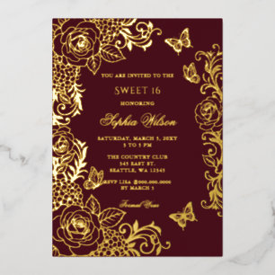 Burgunder-Gold-Blumen-Schmetterling Sweet 16 Folieneinladung