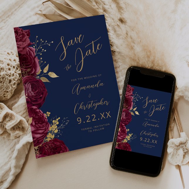 Burgunder-Gold-Blumen-Script-Navy-Save-the-Date Ankündigung (Von Creator hochgeladen)