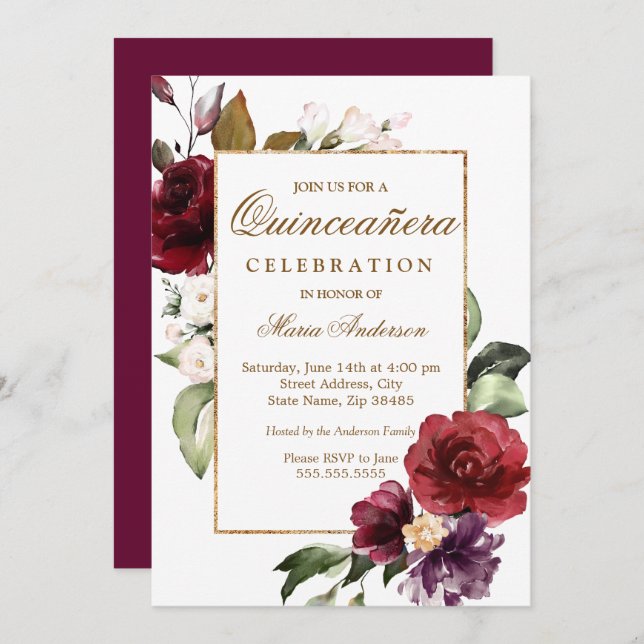 Burgunder Gold Border Quinceanera Party Einladung (Vorne/Hinten)