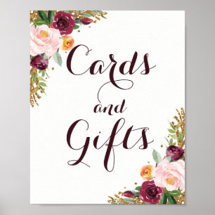 Burgunder Gold Floral Glitter Karten und Geschenke Poster