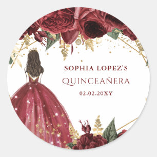 Burgunder Gold Floral Prinzessin Quinceanera   Runder Aufkleber
