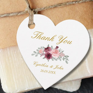 Burgunder Gold Florales Hochzeits-Danke-Herz Geschenkanhänger