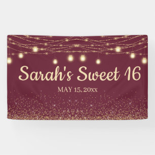 Burgunder Gold Lichterkette Glitter Sweet 16 Banner