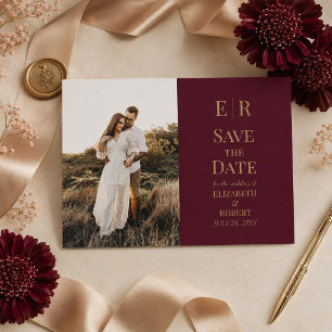 Burgunder-Gold-Monogramm-Foto-Save-the-Date-Karte Einladung