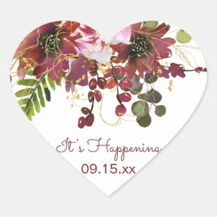 Burgunder-Gold-Rosé-Blumen-Hochzeitseinladung Herz-Aufkleber