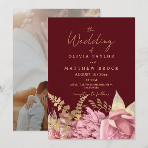 Burgunder-Gold-Rose ⎮ Blush Floral Hochzeit  Einladung