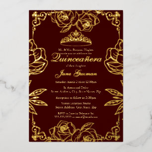 Burgunder-Gold-Rosengarten-Quinceanera Folieneinladung