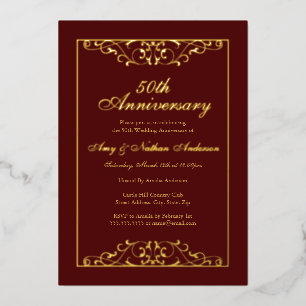 Burgunder Gold Swirl 50. Hochzeitstag Folieneinladung
