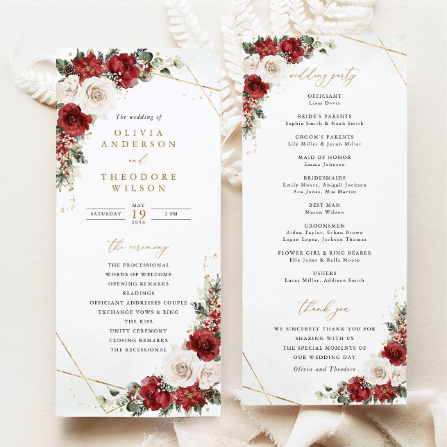 Burgunder-Gold-Winter-Blumen-Hochzeitszeremonie Programm (Wedding Program Burgundy gold Winter Floral Ceremony Program Red Rose Poinsettia geometric card)