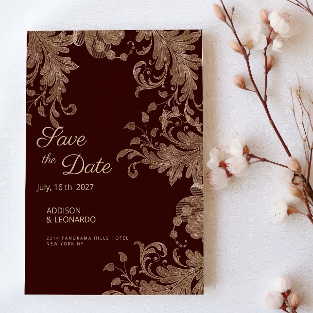 Burgunder goldblühender Luxus-Spitze Save the Date Einladung (Burgundy gold floral luxury lace Save the Date)