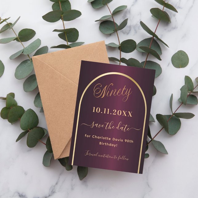 Burgunder Goldbogen 90. Geburtstag Save The Date (Von Creator hochgeladen)